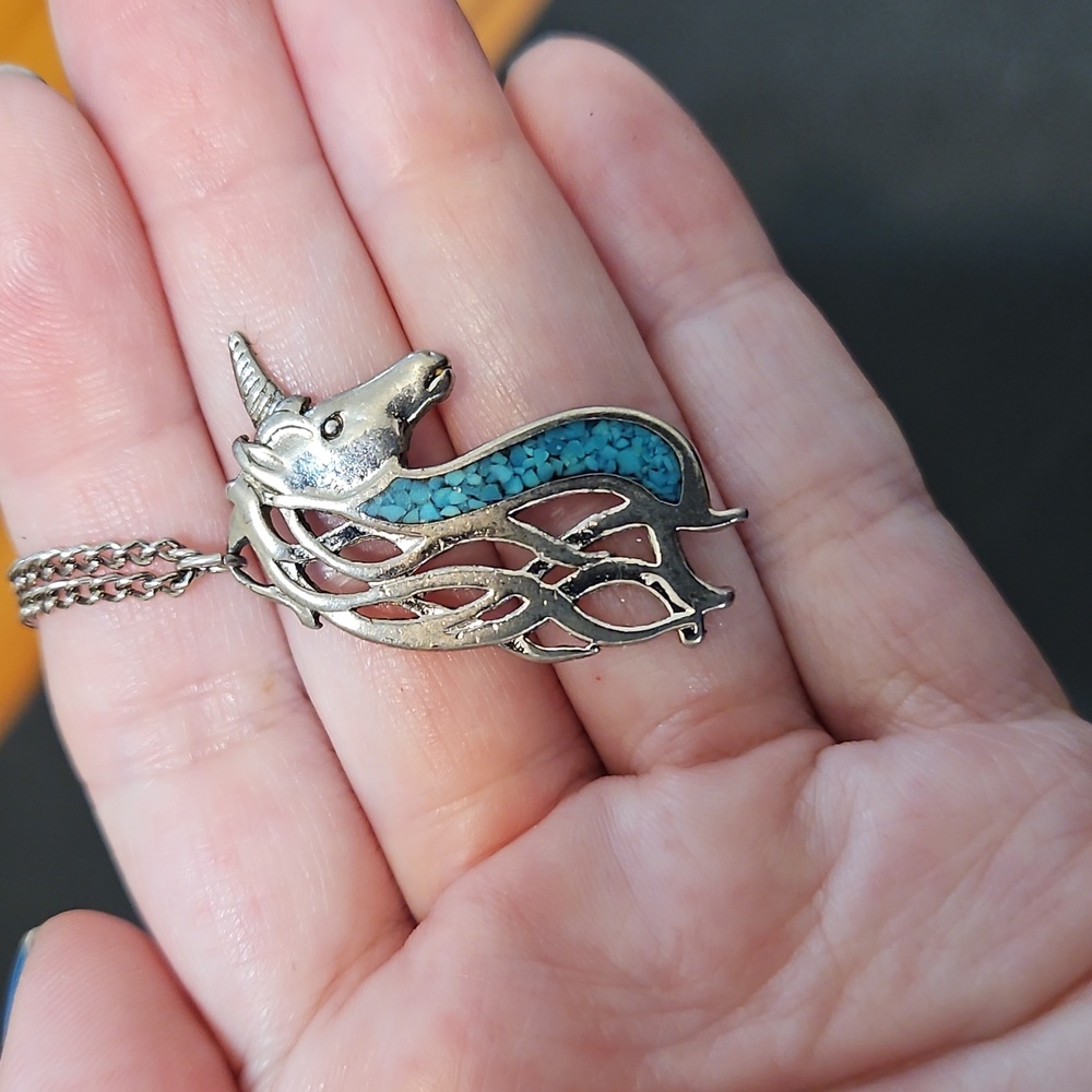 Vintage Silver and Turquoise Unicorn Pendant Necklace - Picture 4 of 4